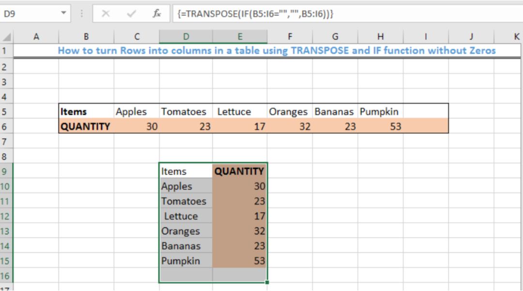 دالة TRANSPOSE في Excel